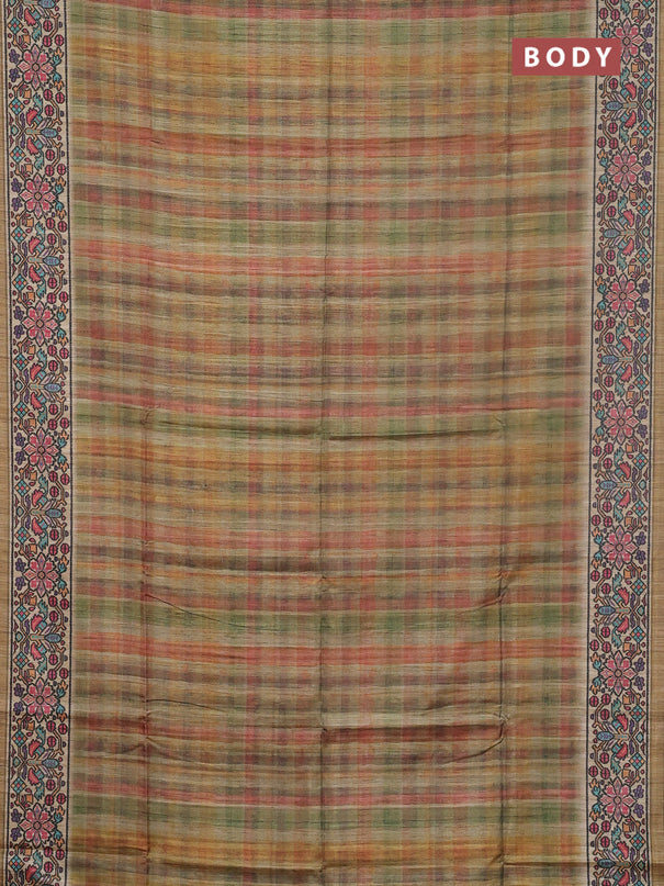 Art tussar saree multi green and beige with plain body and patola printed border