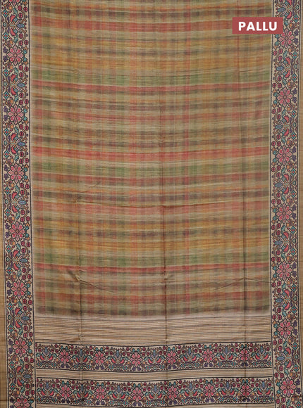 Art tussar saree multi green and beige with plain body and patola printed border