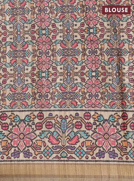 Art tussar saree multi green and beige with plain body and patola printed border