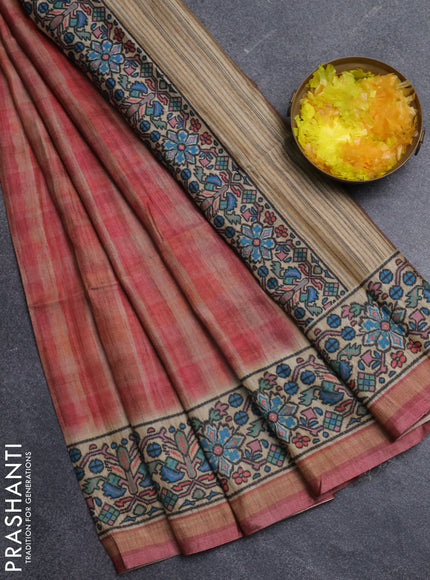 Art tussar saree peach shade and beige with plain body and patola printed border