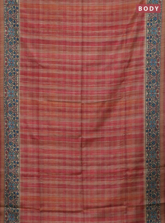 Art tussar saree peach shade and beige with plain body and patola printed border