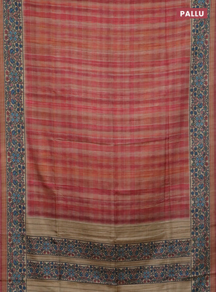 Art tussar saree peach shade and beige with plain body and patola printed border