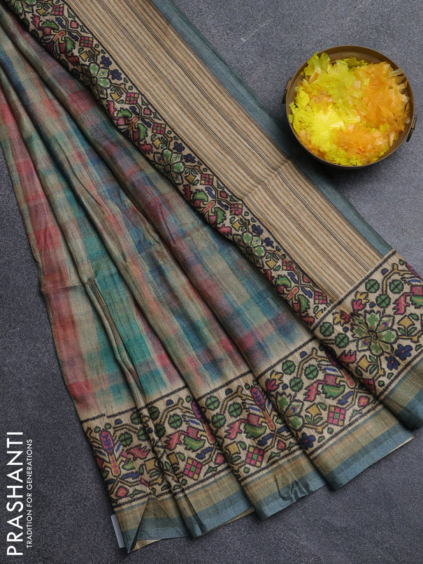 Art tussar saree peacock blue and beige with plain body and patola printed border
