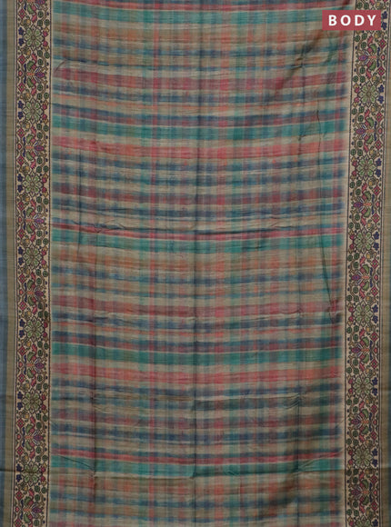 Art tussar saree peacock blue and beige with plain body and patola printed border