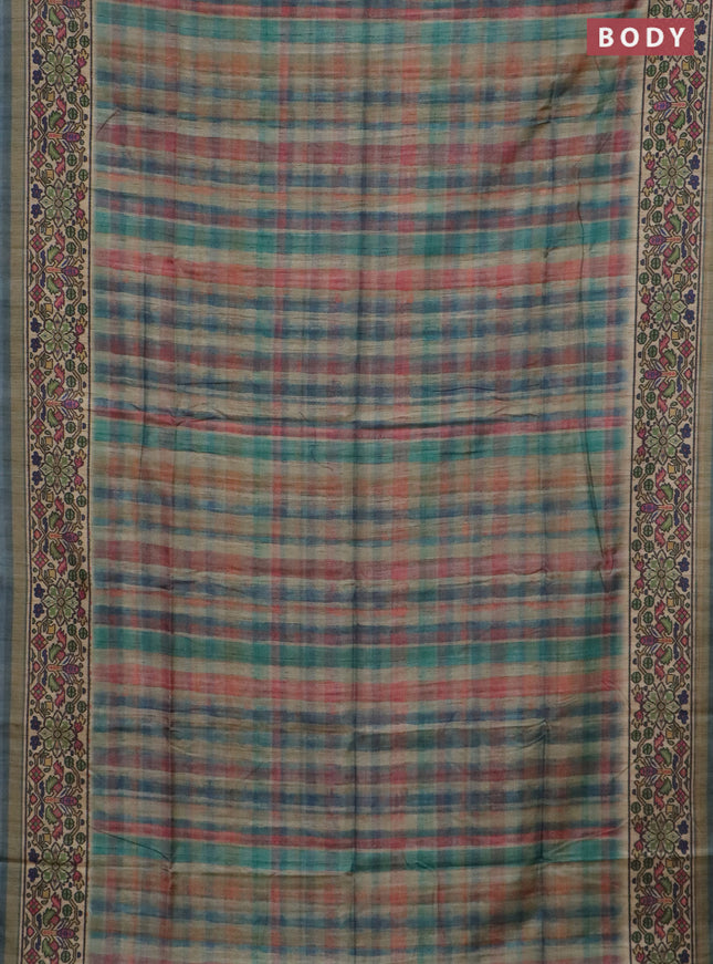 Art tussar saree peacock blue and beige with plain body and patola printed border