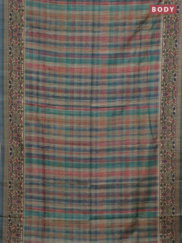 Art tussar saree peacock blue and beige with plain body and patola printed border