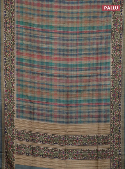 Art tussar saree peacock blue and beige with plain body and patola printed border