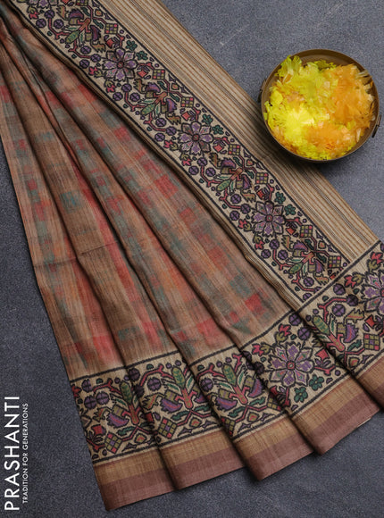 Art tussar saree pastel brown and beige with plain body and patola printed border