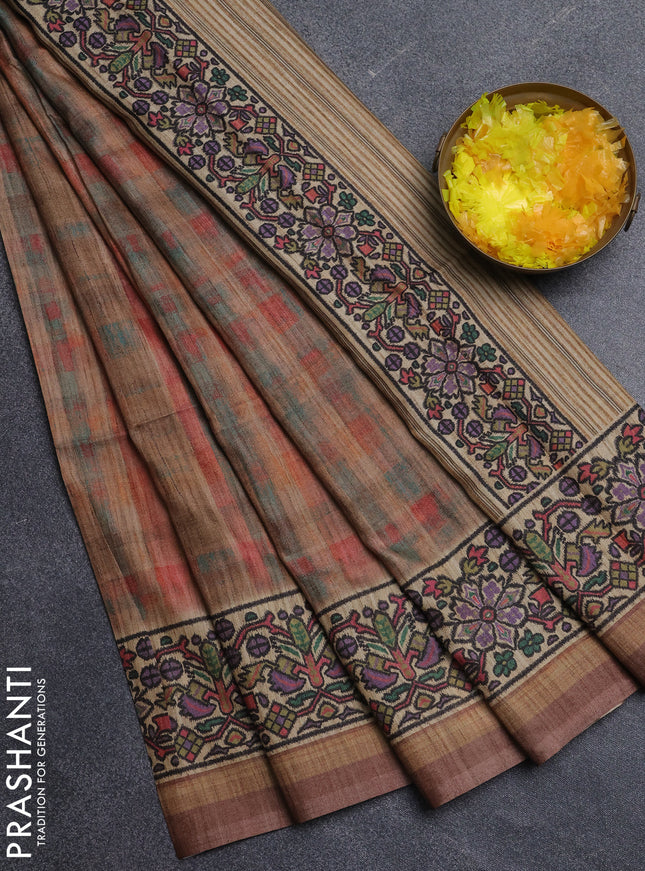 Art tussar saree pastel brown and beige with plain body and patola printed border