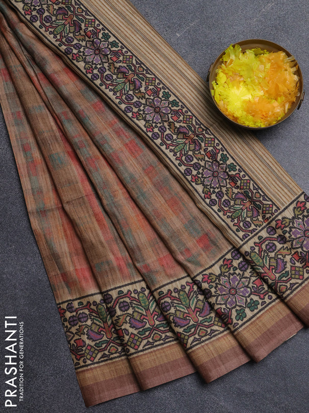 Art tussar saree pastel brown and beige with plain body and patola printed border