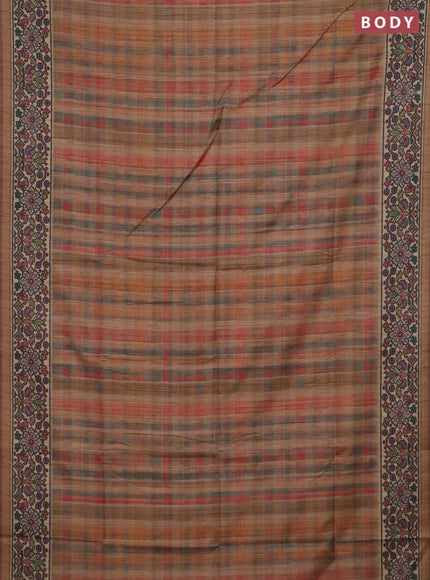 Art tussar saree pastel brown and beige with plain body and patola printed border