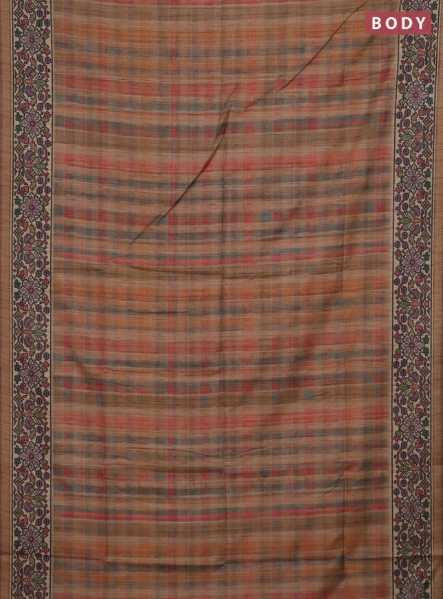 Art tussar saree pastel brown and beige with plain body and patola printed border