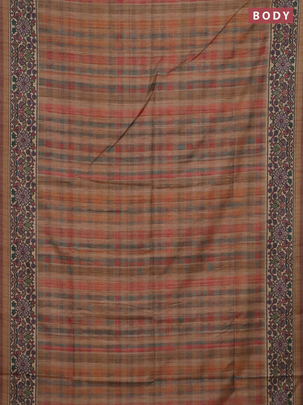 Art tussar saree pastel brown and beige with plain body and patola printed border