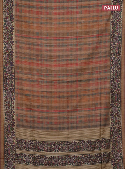 Art tussar saree pastel brown and beige with plain body and patola printed border
