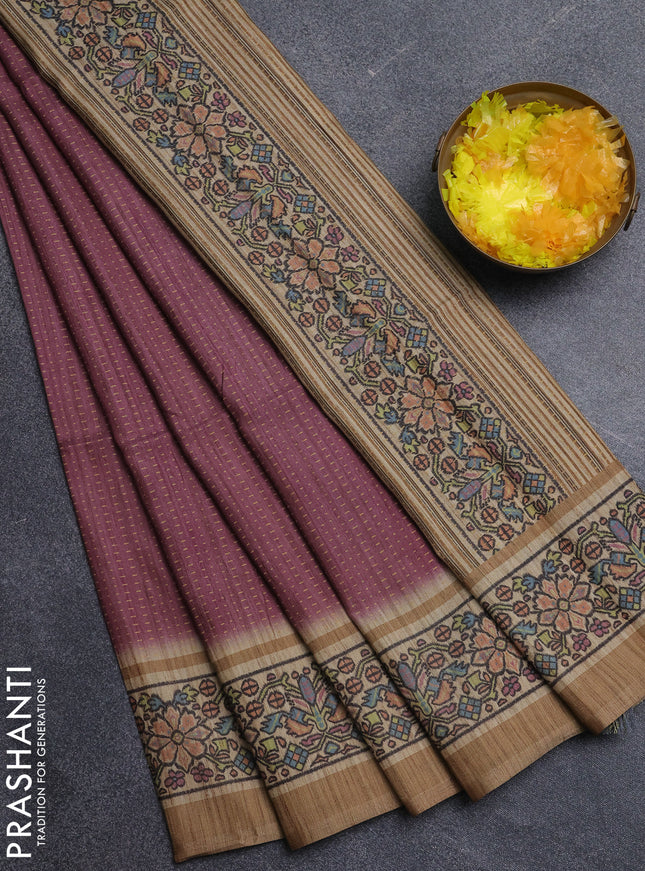 Art tussar saree pastel maroon and sandal with allover prints and patola printed border