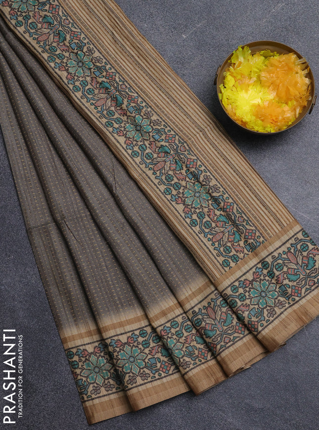 Art tussar saree grey and sandal with allover prints and patola printed border