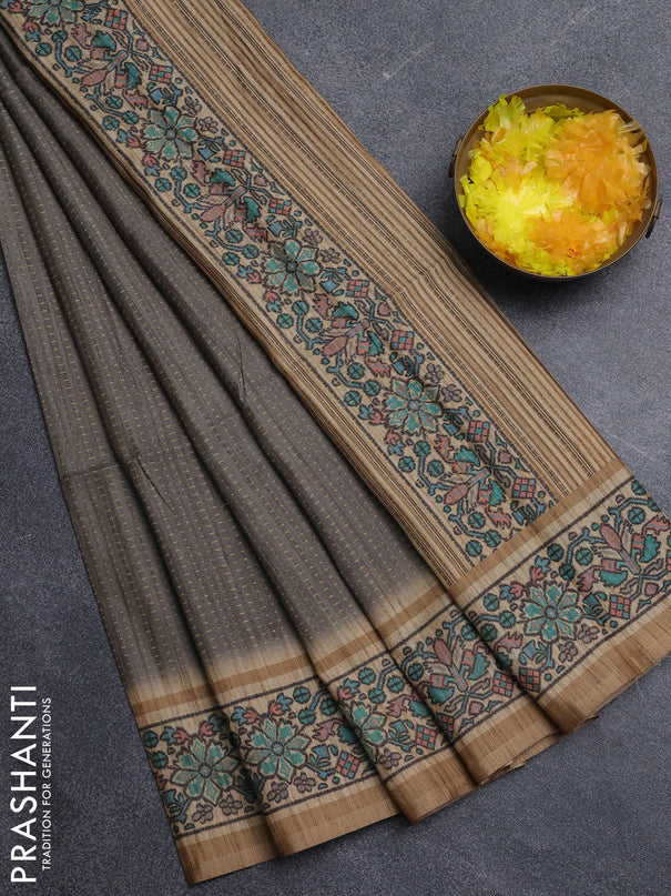Art tussar saree grey and sandal with allover prints and patola printed border