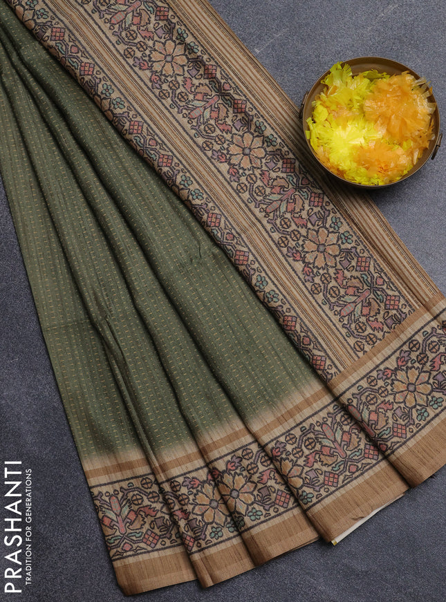 Art tussar saree mehendi green and sandal with allover prints and patola printed border