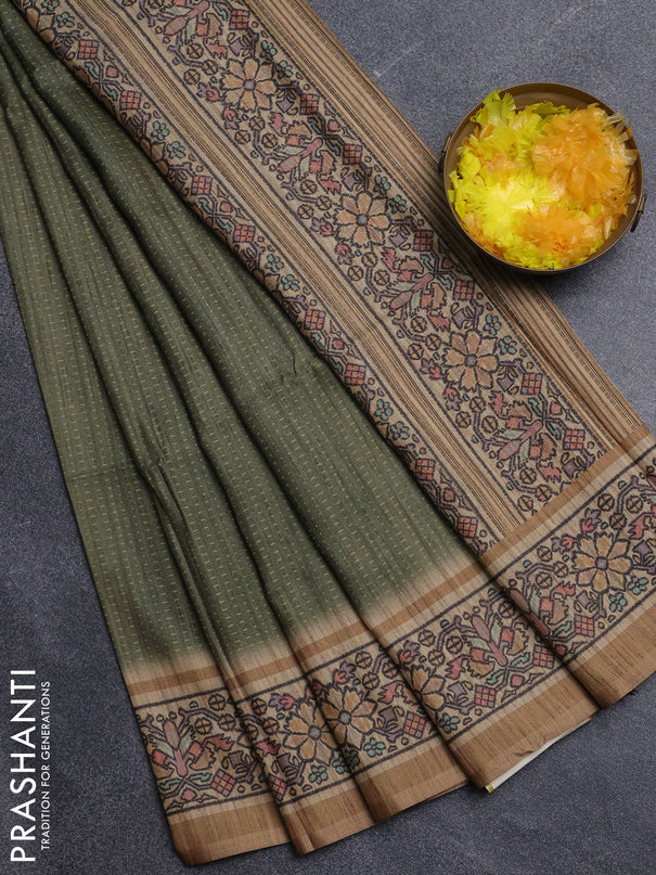 Art tussar saree mehendi green and sandal with allover prints and patola printed border