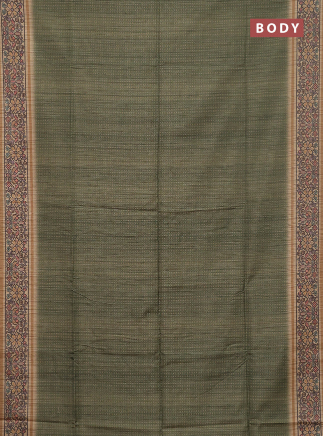Art tussar saree mehendi green and sandal with allover prints and patola printed border