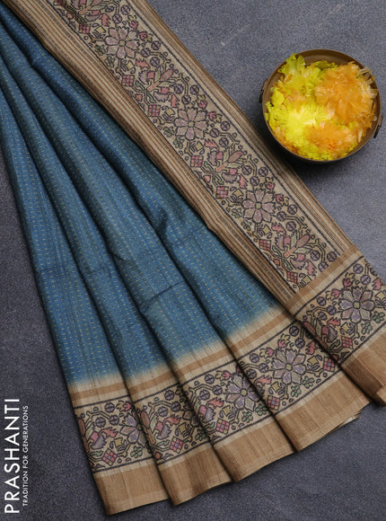 Art tussar saree teal blue and sandal with allover prints and patola printed border