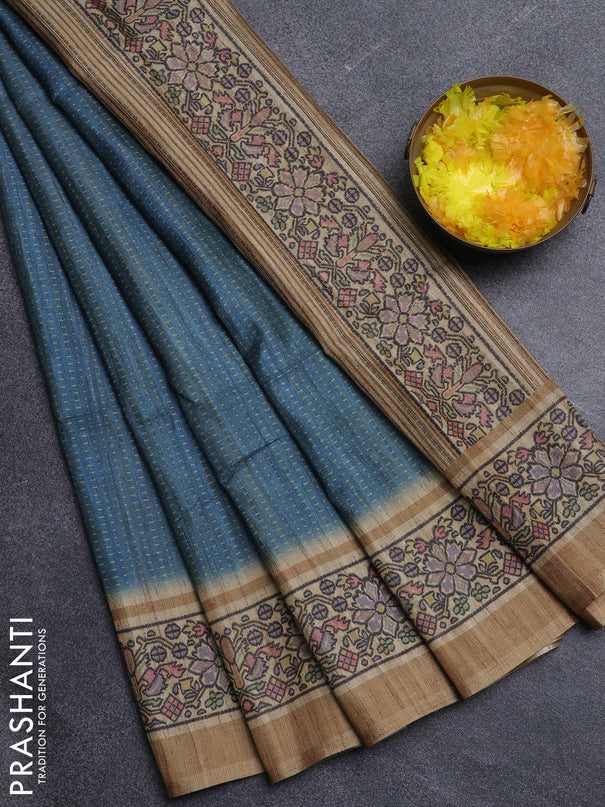 Art tussar saree teal blue and sandal with allover prints and patola printed border