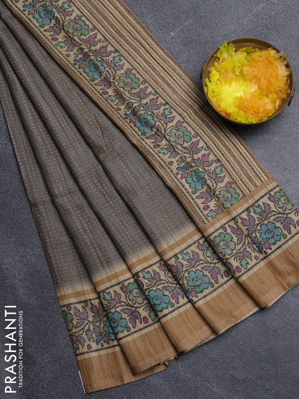 Art tussar saree grey and sandal with allover prints and patola printed border