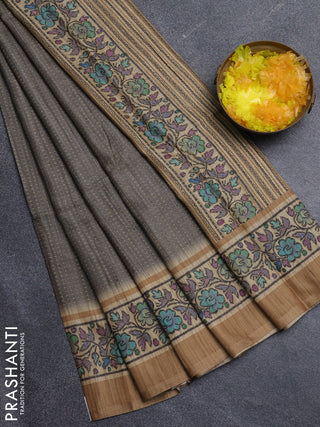 Art tussar saree grey and sandal with allover prints and patola printed border