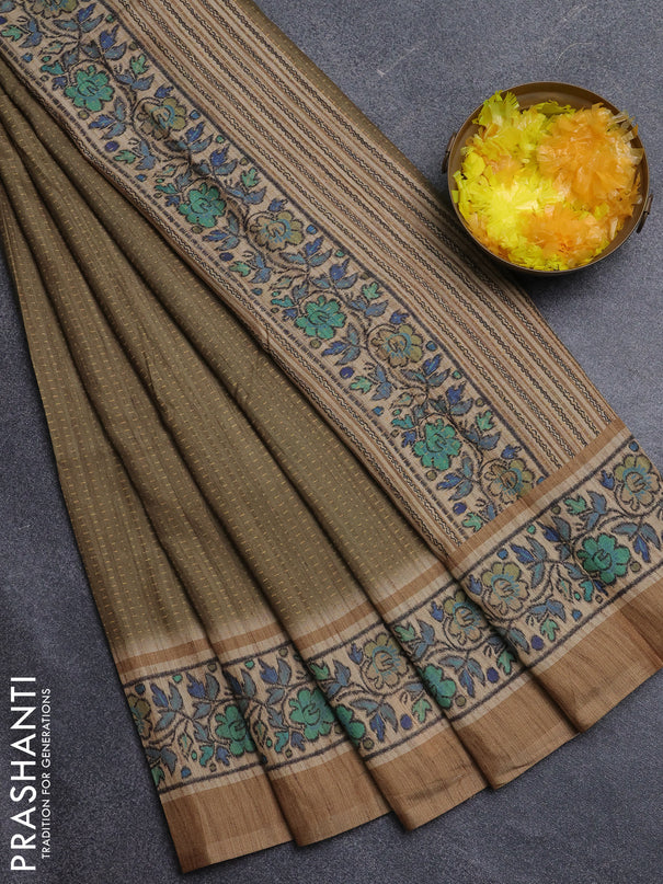 Art tussar saree mehendi green and sandal with allover prints and patola printed border