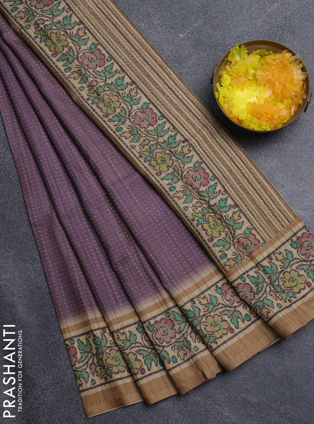 Art tussar saree pastel purple and beige with allover prints and patola printed border