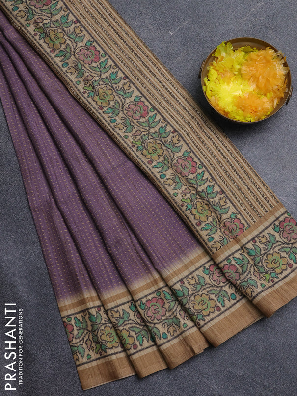 Art tussar saree pastel purple and beige with allover prints and patola printed border
