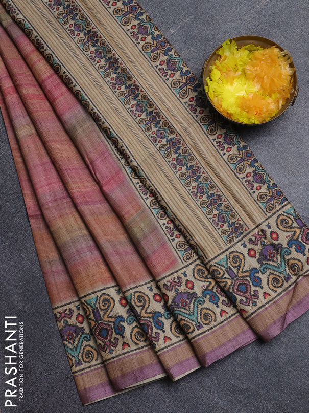 Art tussar saree mauve pink and beige with plain body and patola printed border