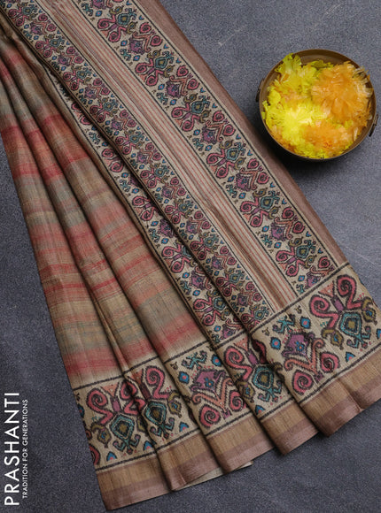 Art tussar saree multi colour and sandal with plain body and patola printed border
