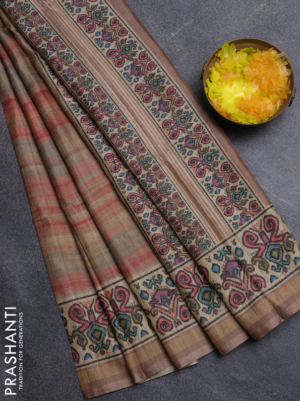 Art tussar saree multi colour and sandal with plain body and patola printed border
