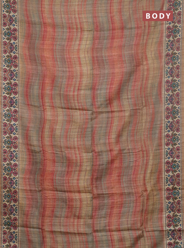 Art tussar saree multi colour and sandal with plain body and patola printed border