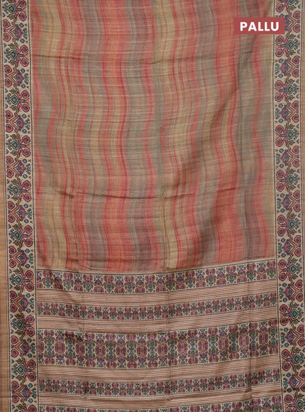 Art tussar saree multi colour and sandal with plain body and patola printed border