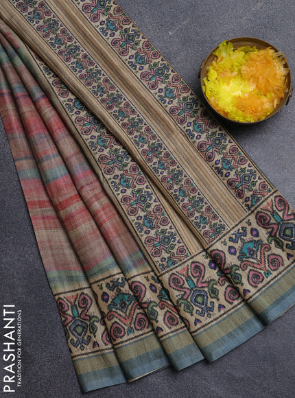 Art tussar saree multi colour and beige pastel blue with plain body and patola printed border