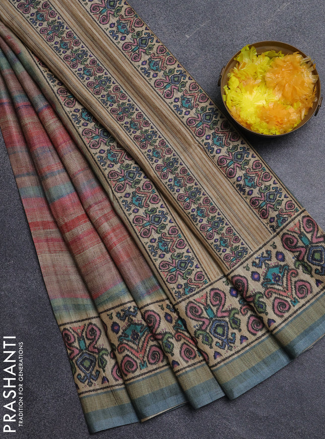 Art tussar saree multi colour and beige pastel blue with plain body and patola printed border