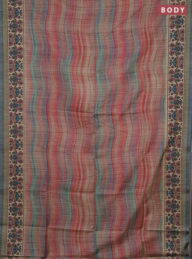 Art tussar saree multi colour and beige pastel blue with plain body and patola printed border