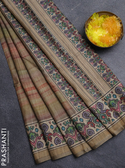 Art tussar saree multi colour and beige with plain body and patola printed border