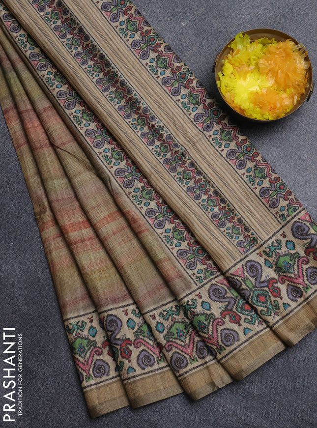 Art tussar saree multi colour and beige with plain body and patola printed border