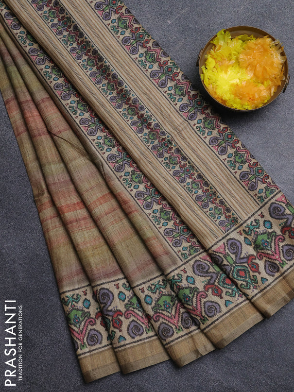 Art tussar saree multi colour and beige with plain body and patola printed border