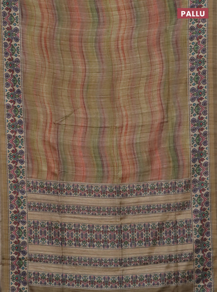 Art tussar saree multi colour and beige with plain body and patola printed border