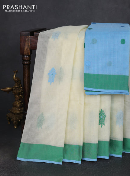 Handloom kota saree cream pastel blue and green with thread woven buttas and simple border
