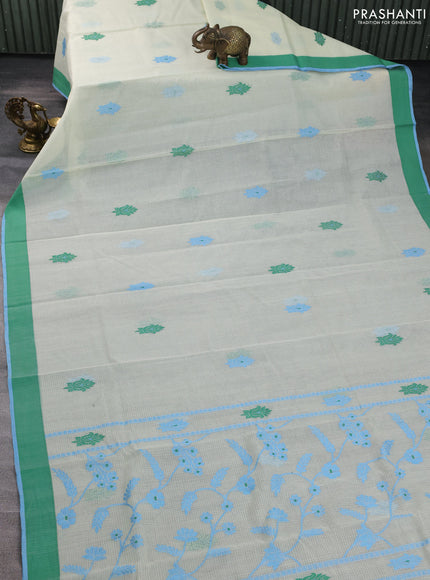 Handloom kota saree cream pastel blue and green with thread woven buttas and simple border