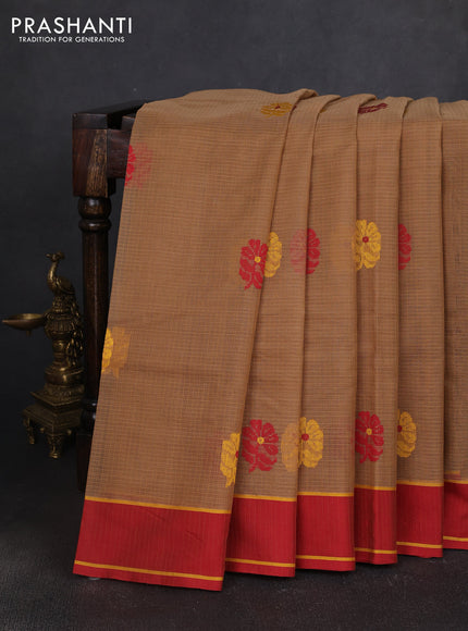 Handloom kota saree dark sandal and maroon with floral thread woven buttas and rettapet border