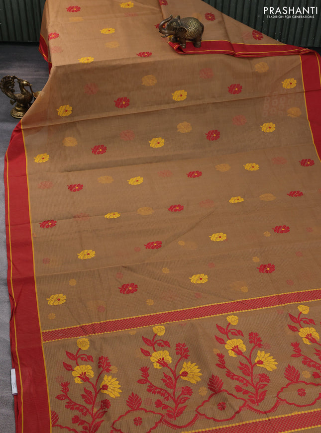 Handloom kota saree dark sandal and maroon with floral thread woven buttas and rettapet border