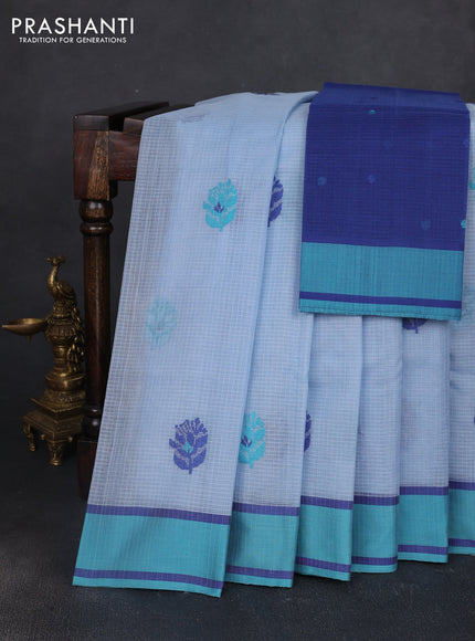 Handloom kota saree pastel blue and blue with floral thread woven buttas and rettapet border