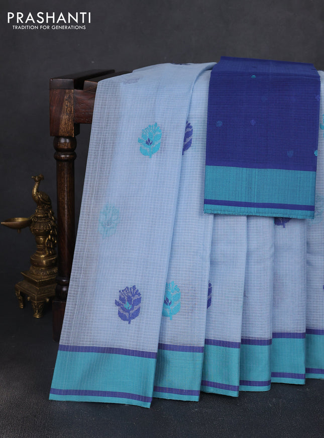 Handloom kota saree pastel blue and blue with floral thread woven buttas and rettapet border