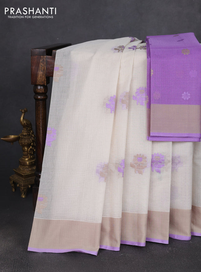 Handloom kota saree off white and lavender with floral thread woven buttas and simple border